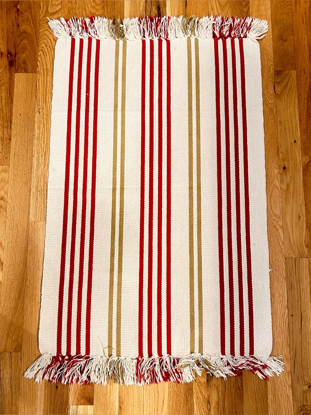 Ikea Striped Woven Fringed Shine Rug 1’10” X 2’9” Red Police And Off White